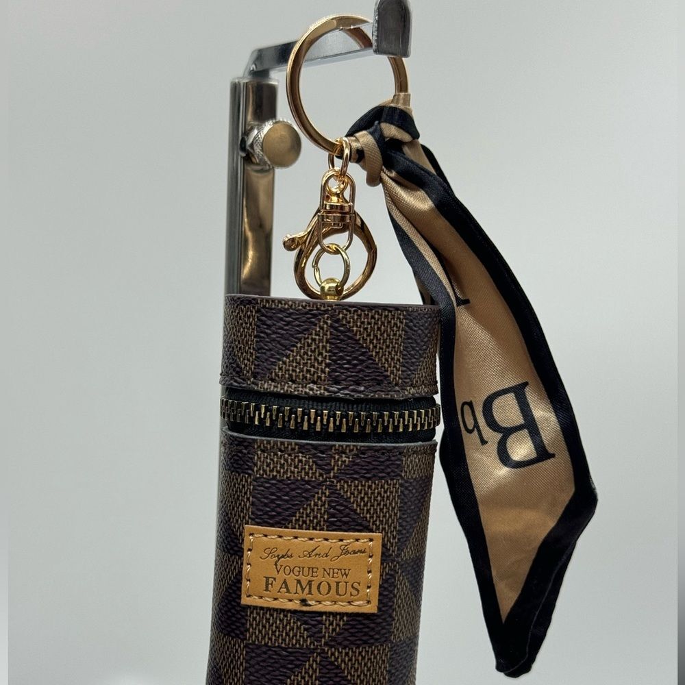 NIP Brown Leather Bag Charm Lipstick Holder Coin Pouch Key Ring Mini Wallet - Picture 3 of 5